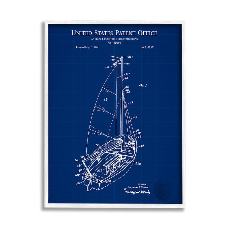 Stupell Sailboat Watercraft Blue Patent Office Diagram Blueprint Framed Wall Art - 16 x 20 - White