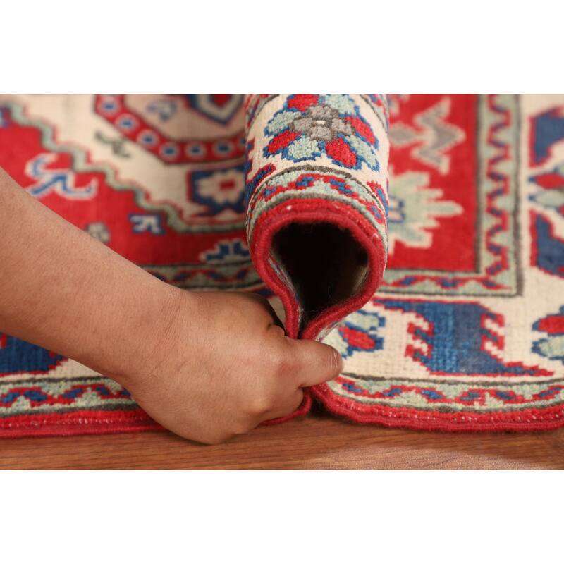 Oriental Kazak Accent Rug Hand-Knotted Geometric Red Wool Carpet - 2'10" x 3'11"