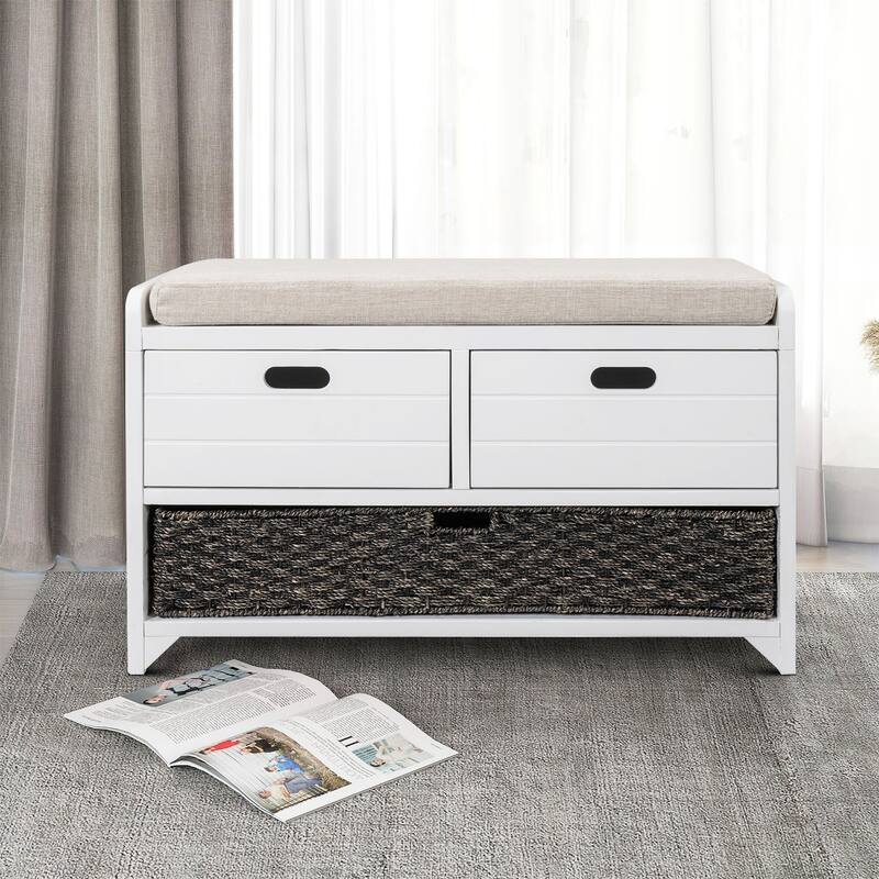 Modern Farmhouse Style Wooden Bench with 2 Drawers and a Woven Storage Basket - White