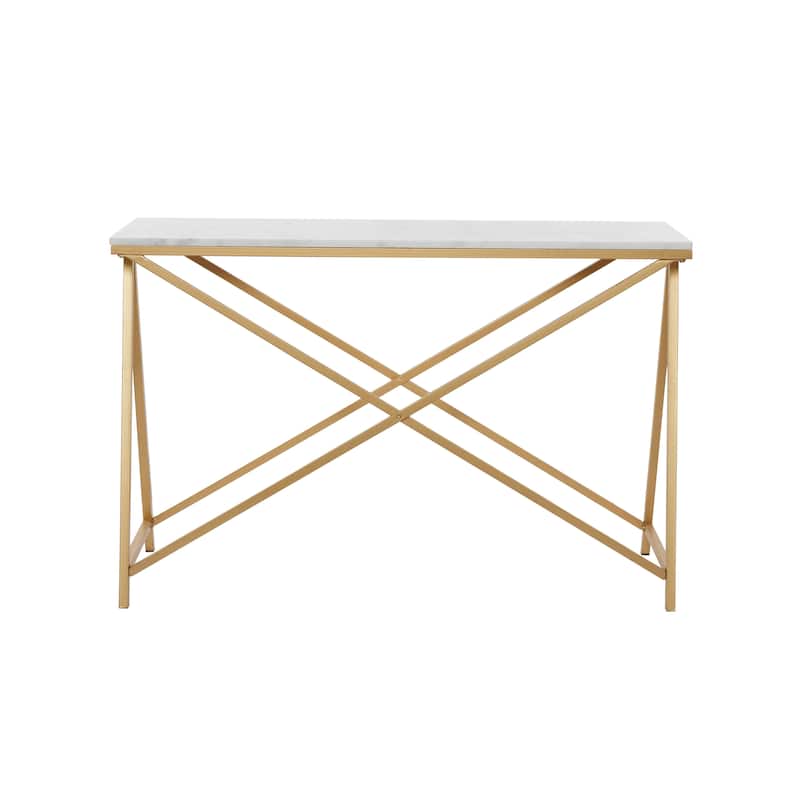 Marble Rectangular Console Table with Gold Metal Stand - White - Roche River Decor - 14"W x 47"L x 31"H