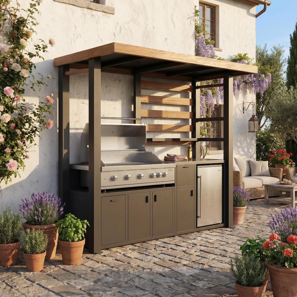 Outdoor Grill Gazebo BBQ Station with Storage Cabinet, Stainless Steel Prep Table Patio Outdoor Kitchen Shelter