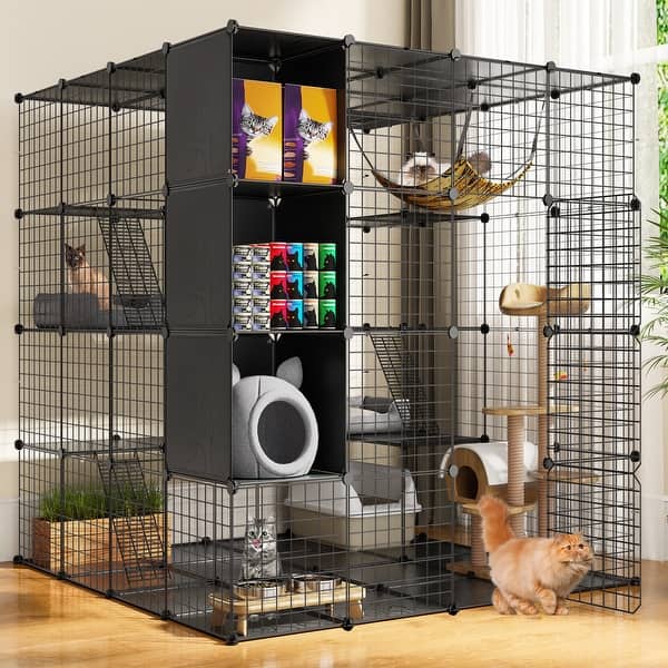 Large 4-layer Metal Cat Cage Indoor DIY Kennel with Storage Cube