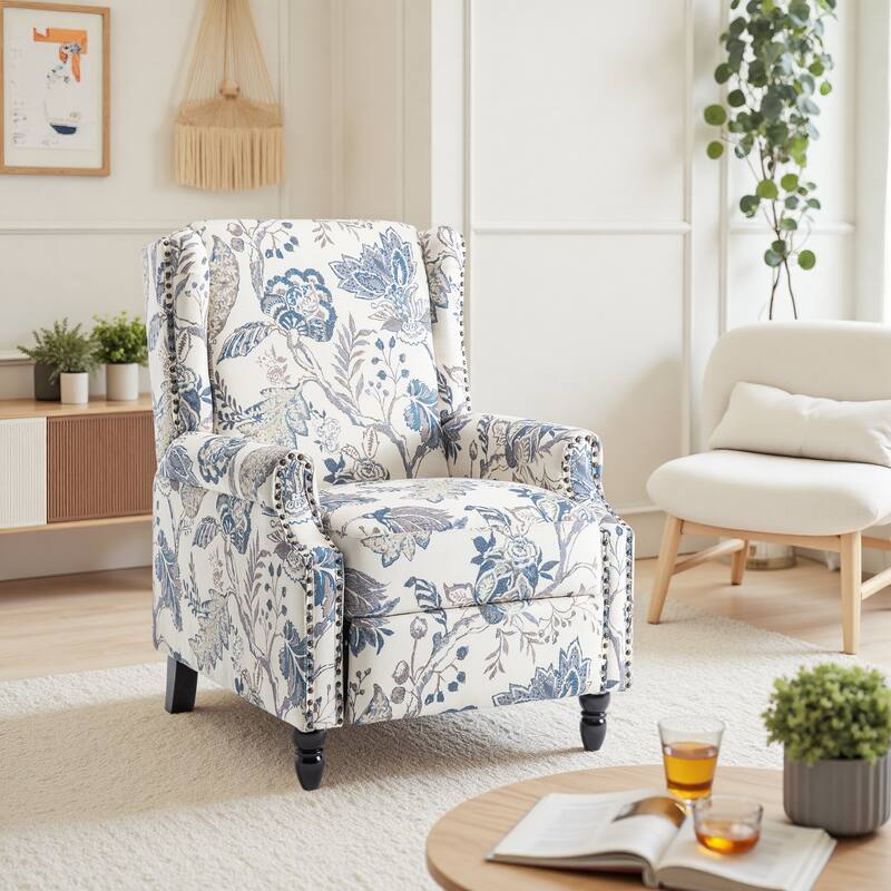 Linen Manual Upholstered Recliner with Wood Legs - PLANTS BLUE