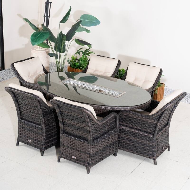 Modern Outdoor Wicker Patio Furniture Set with Oval Fire Pit Table