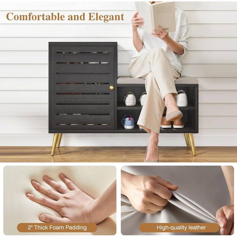 VECELO L-Shaped Entryway Bench with Cushion Shoe Storage Bench with Louvered Door & Open Shelves Hallway Seat Organizer