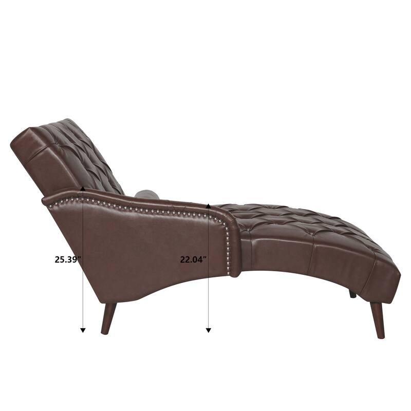 Faux Leather Chaise Lounge Chair with Pillow and Solid Wood Legs, Tufted Upholstered Accent Lounge Chair with Arm