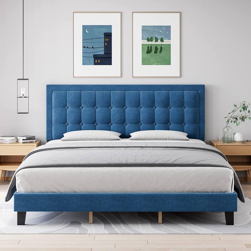 Button Tufted Velvet Platform Bed with Adjustable Headboard - Blue - King