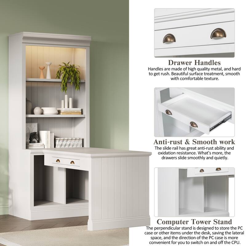 Modern Storage Writing Desk with 83.4" Tall Bookshelf and LED Light