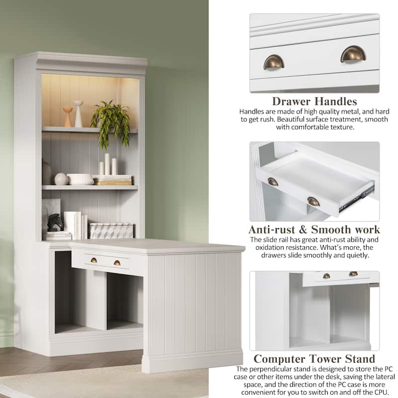 Tall Bookshelf with Adjustable Shelves and LED Lighting, Office Desk Study Desk with Storage Silent Drawers
