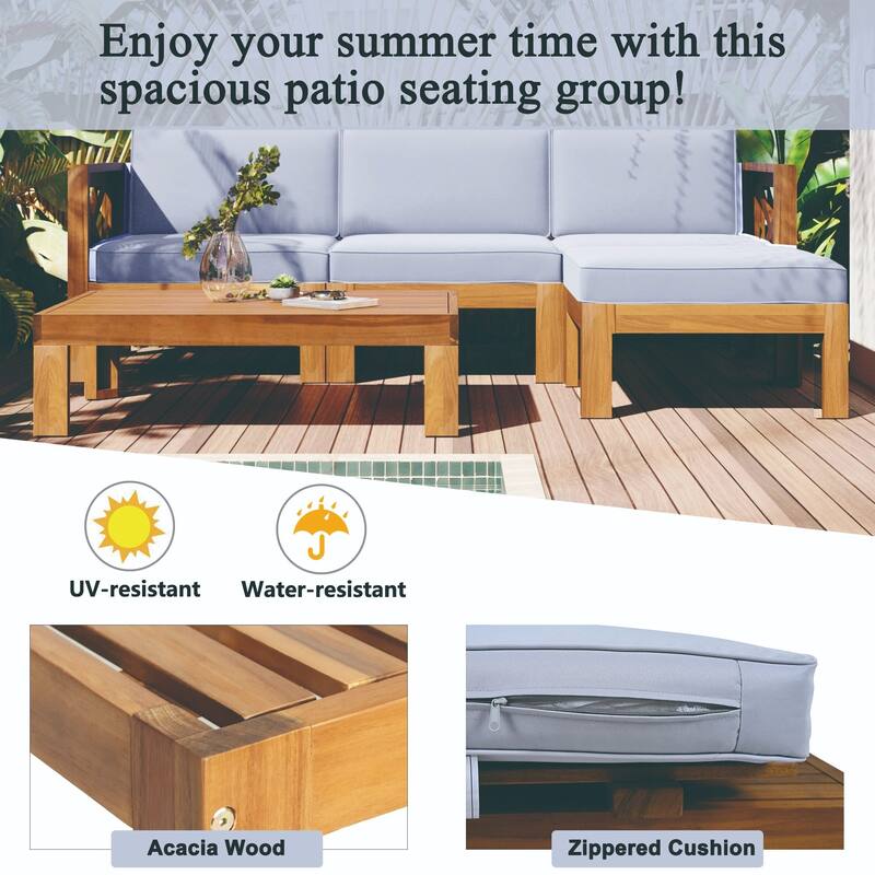5-Piece Acacia Wood Sectional Patio Sofa Set with Cushions