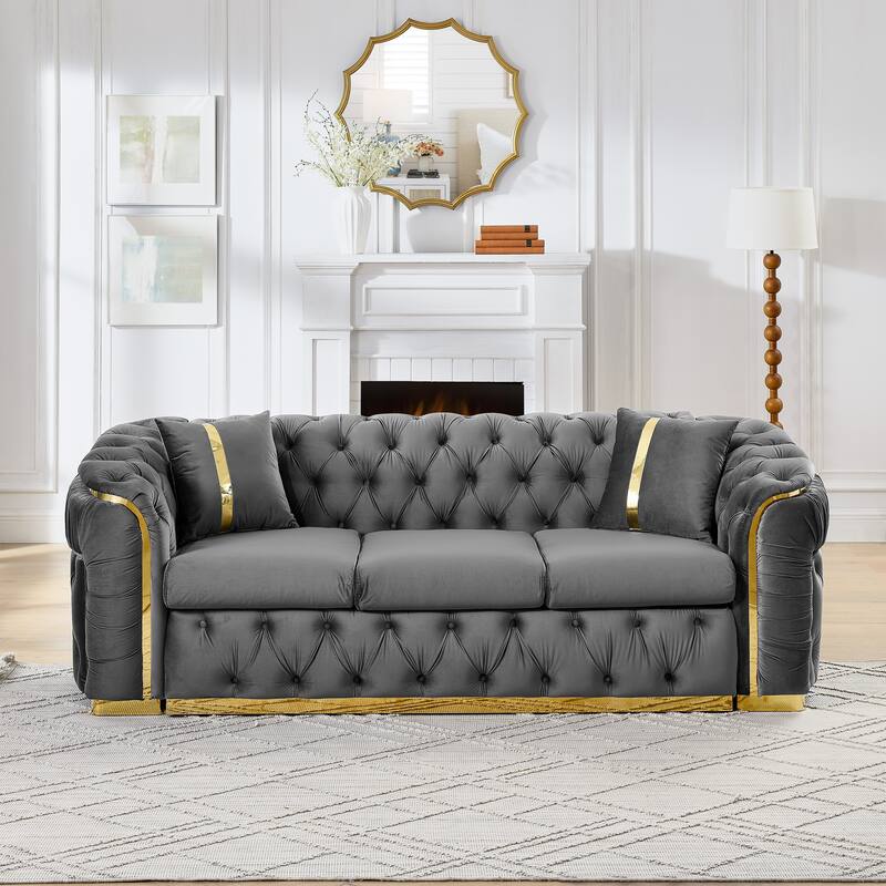 90.6″ Velvet 3-Seater Sofa with 2 Pillows, High-Density Foam & Gold Accents - Gray