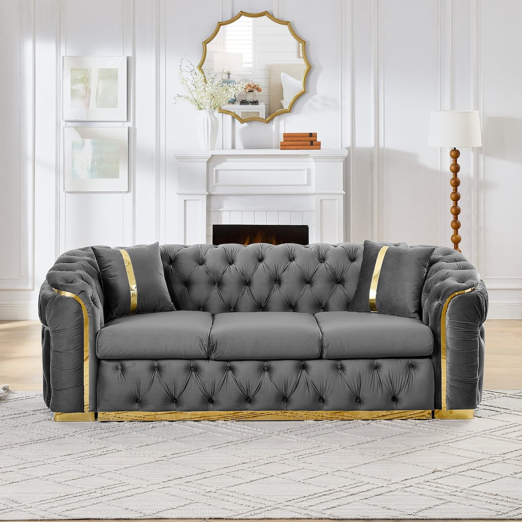 90.6 Inches Velvet Button Tufted 3 Seater Sofa with 2 Pillows and Gold Stainless Steel Accents, Gray