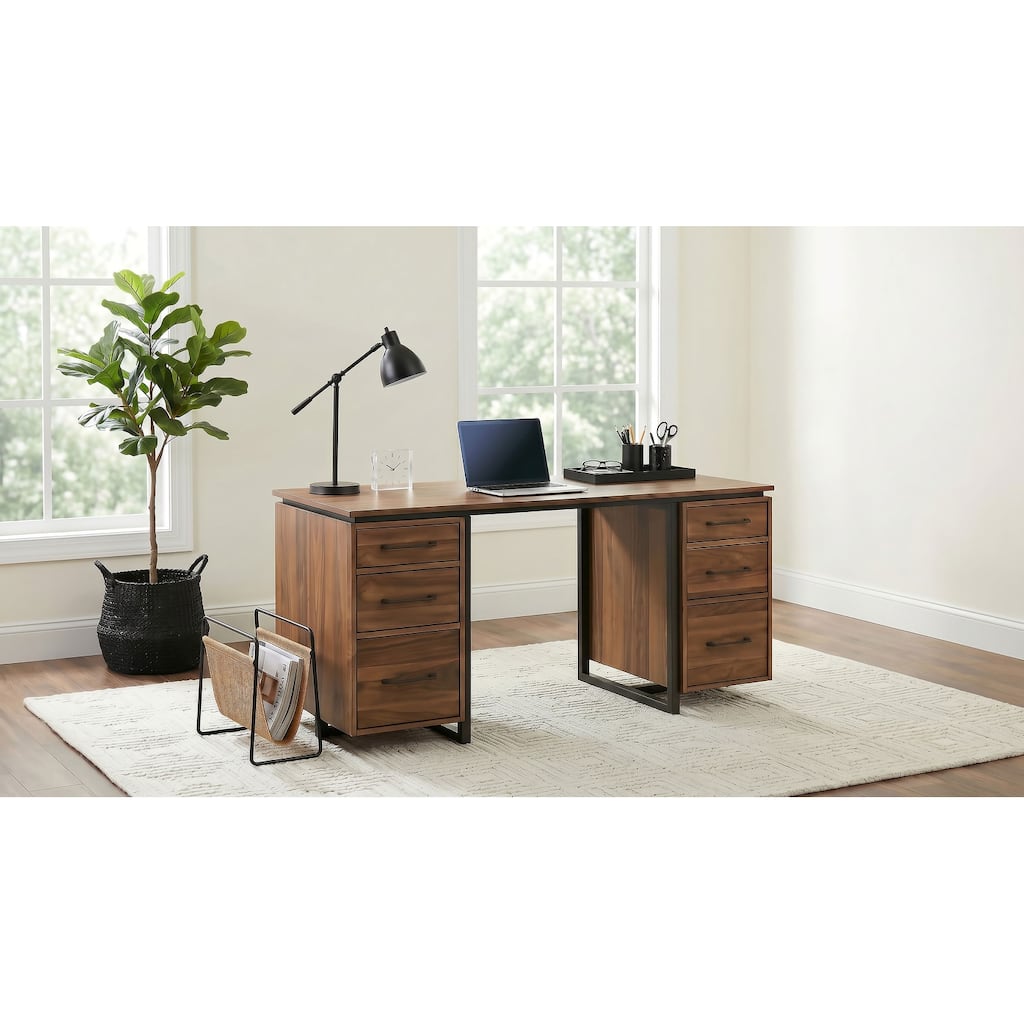 Berhalter 6-Drawer Double Pedestal File Computer Desk Walnut