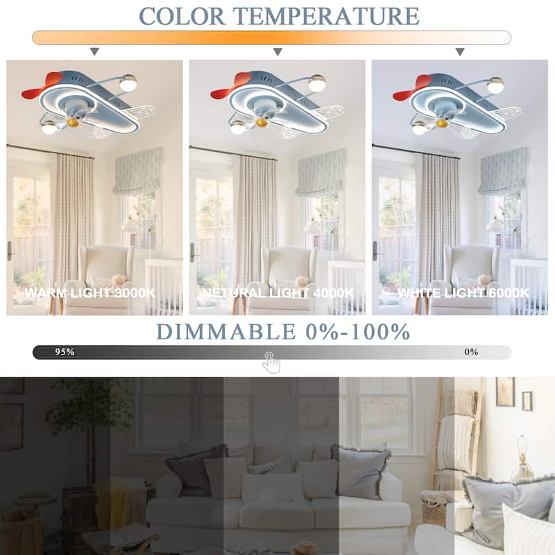 Cusp Barn 26" Modern Decoration Cartoon Airplane Ceiling Fan with Light, Silent DC Motor Dimmable LED Starry Lighting Fixtures