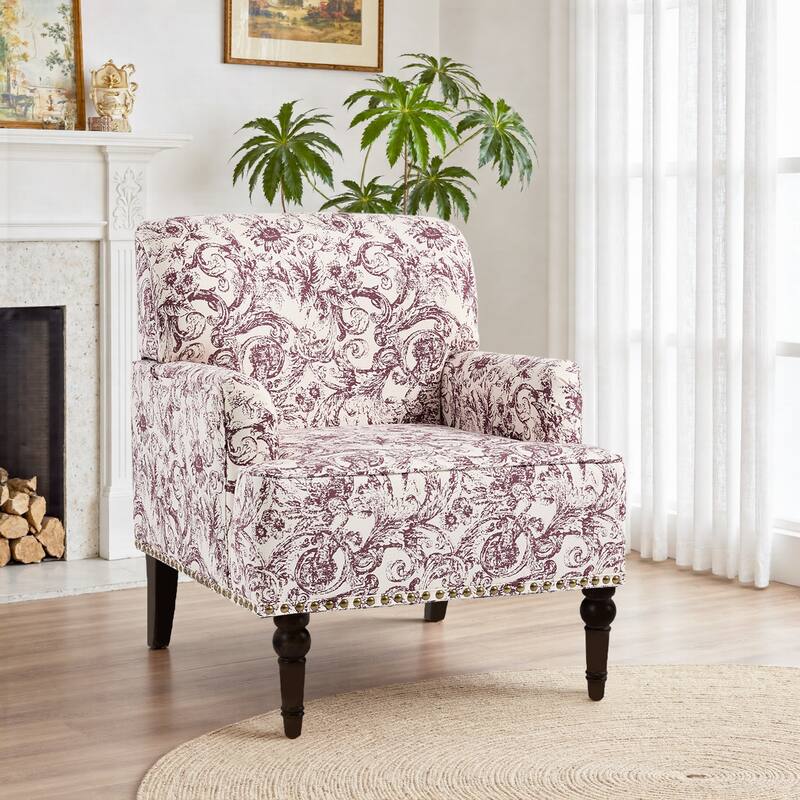 Striped Upholstered Linen Armchair with Brass Nailhead Trim