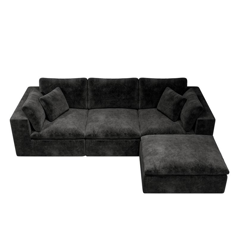 L-Shaped Modular Sectional Sofa with Ottoman, Comfy Plush Corduroy Deep Seat Cloud Couch, Compressed Sofa with Pillows