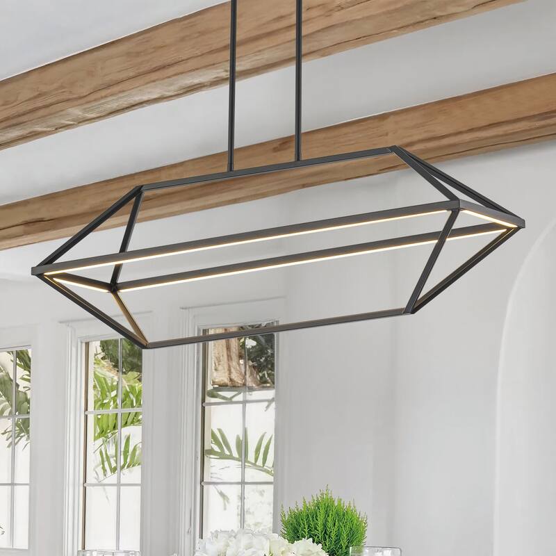 Modern Linear Black Island Pendant Light Geometric Dimmable Integrated LED Chandelier - Black