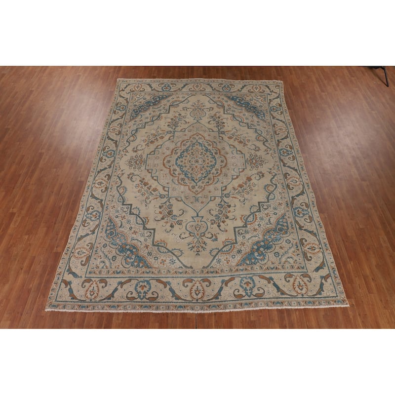 Distressed Tabriz Persian Vintage Area Rug Handmade Wool Carpet - 9'2" x 12'10"
