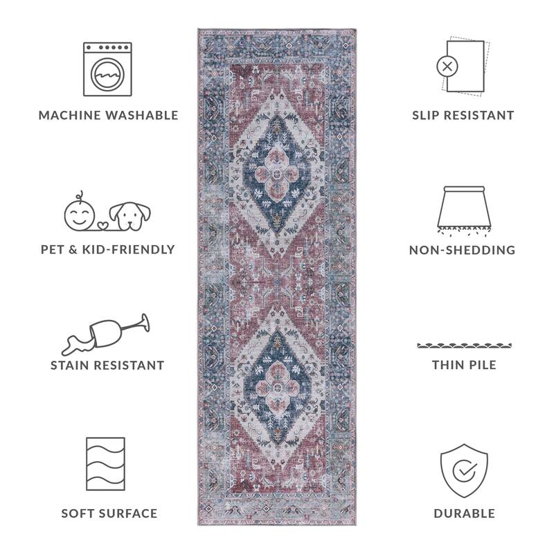 SAFAVIEH Tucson Machine Washable Slip Resistant Mettie Oriental Distressed - 2' 6" x 8' - Rust/Navy - Runner