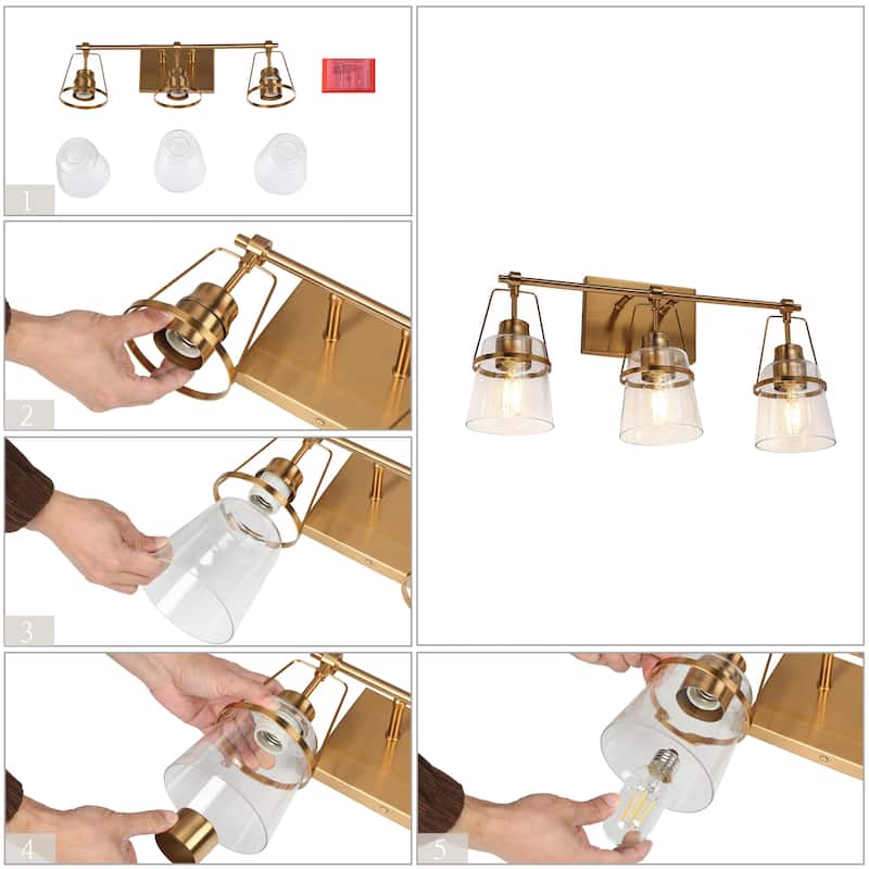 Modern Gold 3-Light Bathroom Vanity Light with Clear Glass Designed Wall Sconce - L 21.2" x D 5.5" x H 10.2"