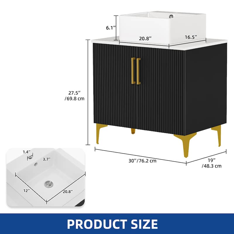 Freestanding Bathroom Vanity with White Stone Top Soft Close Doors and Gold Accents - Black - 30 Inch