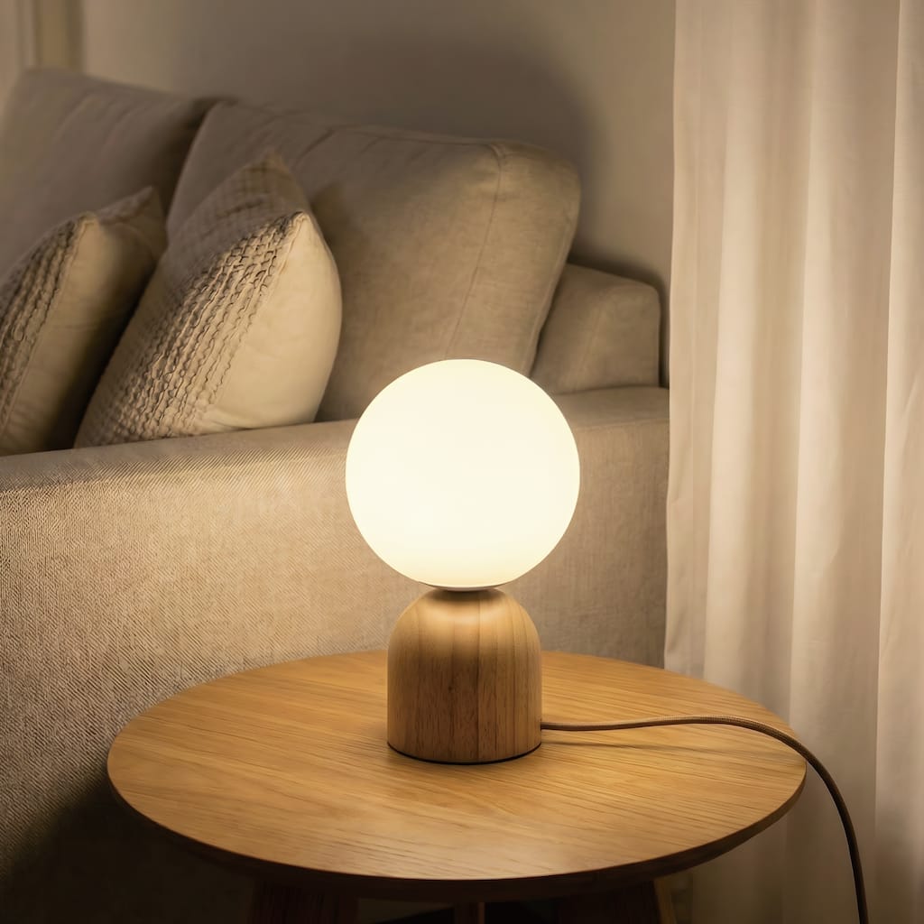 9.84'' Modern Opal Glass Globe Table Lamp with Solid Rubber Wood Base, Rotary Dimmer Switch (Bulb Not Included)