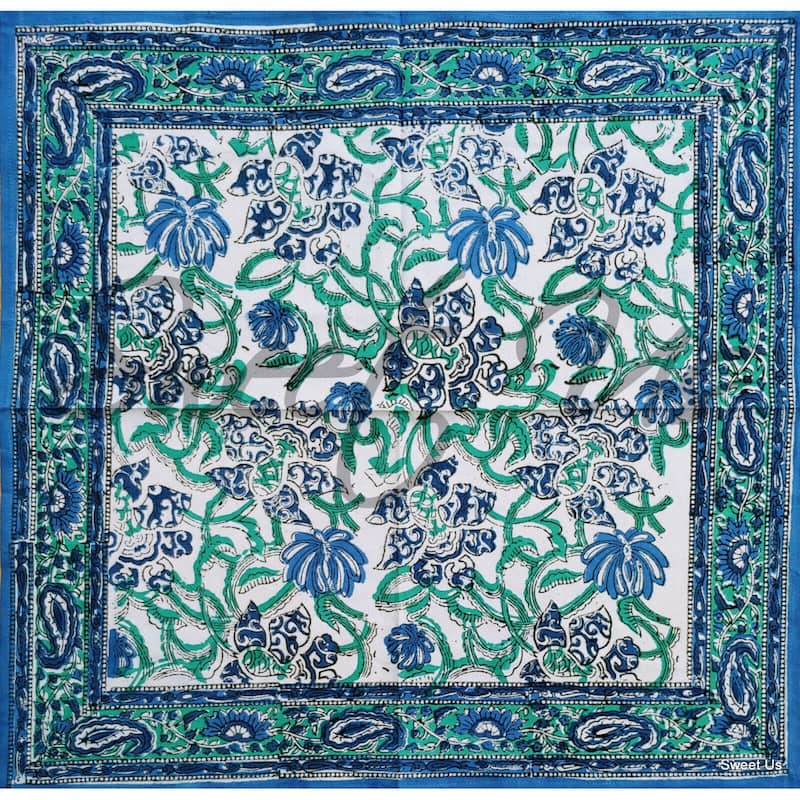 Block Print Cotton Verdant Floral Paisley Tablecloth Collection