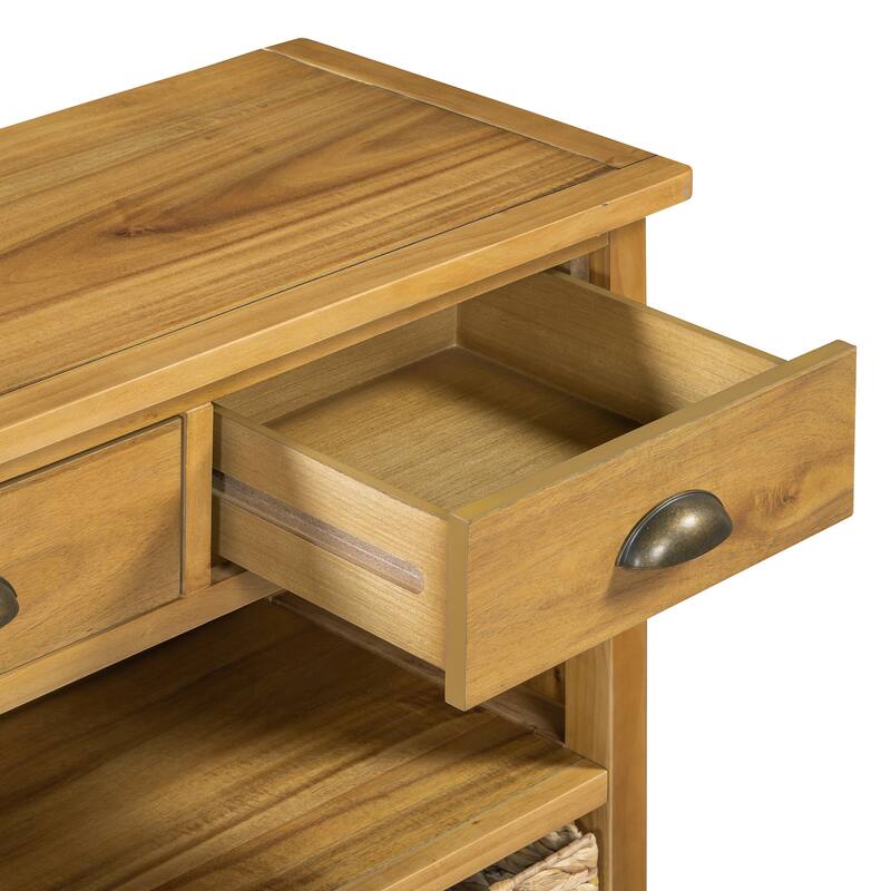 Console Table with 3 Storage Drawers, Entryway Table with 3 Water Hyacinth Woven Baskets, Sofa Table with Wooden Top