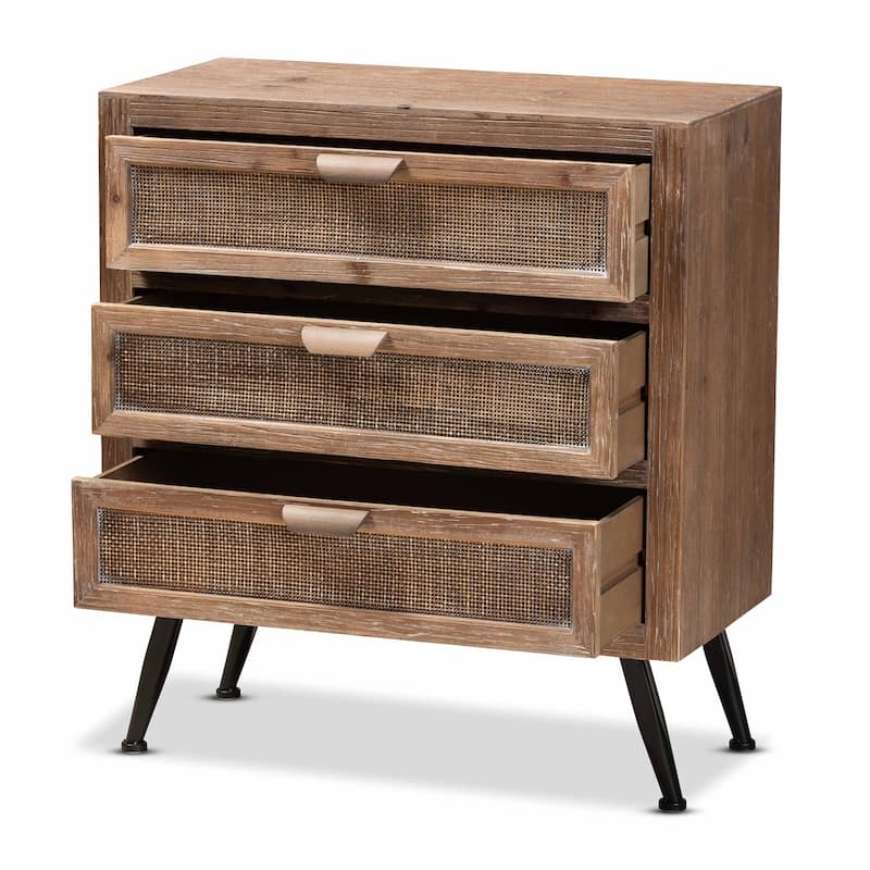 Calida Whitewashed Natural Brown Wood and Rattan 3-Drawer Cabinet
