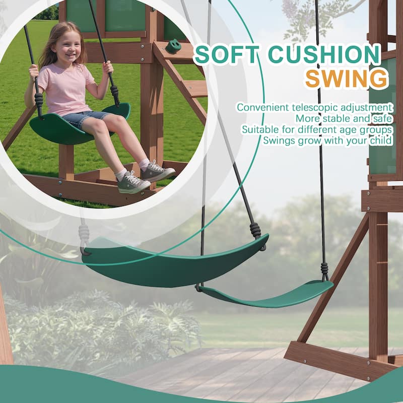EROMMY 4-in-1 Wooden Swing Set – Backyard Playset w/ Slide, Climbing Wall, 2 Swings & Blackboard | Safe Outdoor Fun for Kids