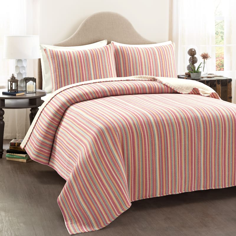 Lush Decor Tracy Stripe Pick Stitch Kantha Yarn Dyed Cotton Woven 3 Piece Quilt/Coverlet Set