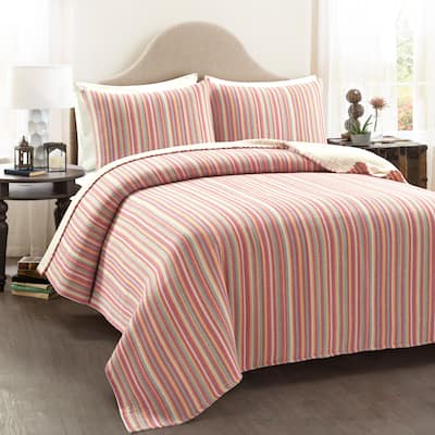Lush Decor Tracy Stripe Pick Stitch Kantha Yarn Dyed Cotton Woven 3 Piece Quilt/Coverlet Set