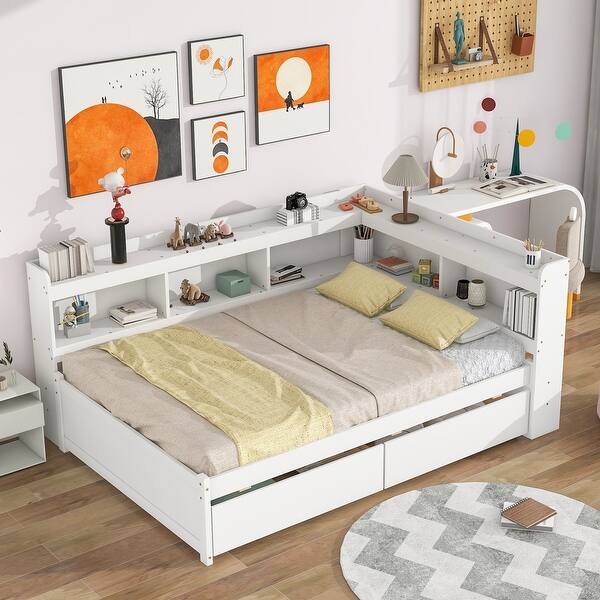 slide 2 of 54, Full Bed with L-Shaped Bookcase and Drawers, White Wood Frame Full White