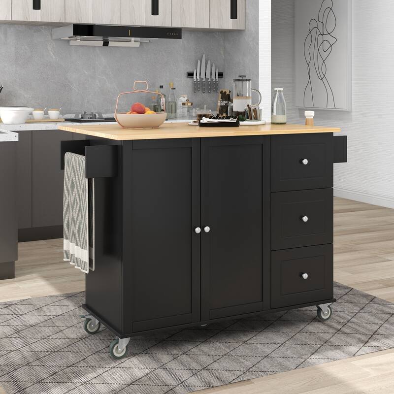 Rolling Mobile Kitchen Island with Drop Leaf - Solid Wood Top, Locking Wheels & Storage Cabinet 52.7 Inch Width