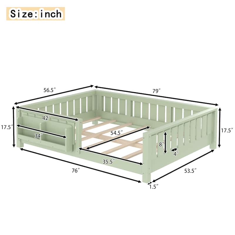 Low Profile Montessori Bed Floor Platform Bed with Fence and Bookshelf