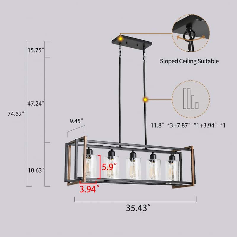 35.4-Inch 5 Light Farmhouse Linear Chandelier for Dining Room Pool Table Pendant Light Fixture