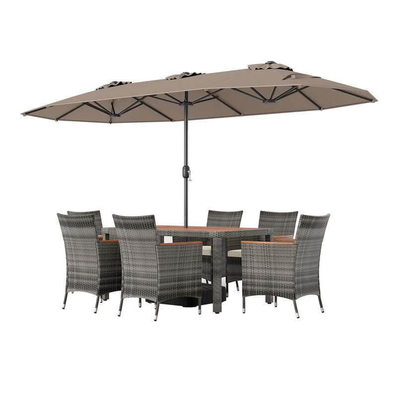 Gymax 8-Piece Patio Dining Set w/ Double-Sided Market Umbrella Acacia