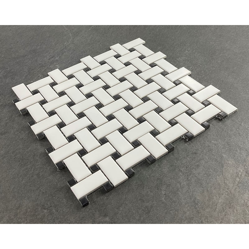 Porcelain Mosaic Tiles - White Basketweave with Black Dot Mosaic Tiles - Case (15 Sheets)