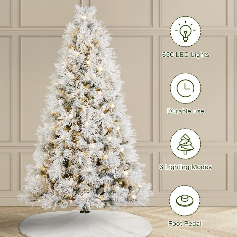 Glitzhome 7.5FT/9FT Pre-Lit Flocked Snowy Full Pine Artificial Christmas Tree with Warm White Globe Lights & Foot Switch