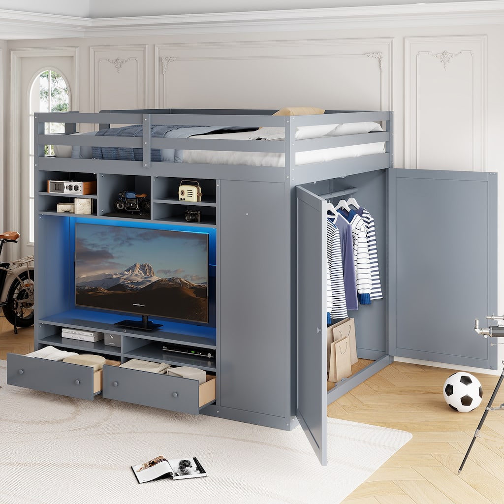 Full Size Loft Bed with Storage - Features Drawers, Shelves and Built-in LED Lighting