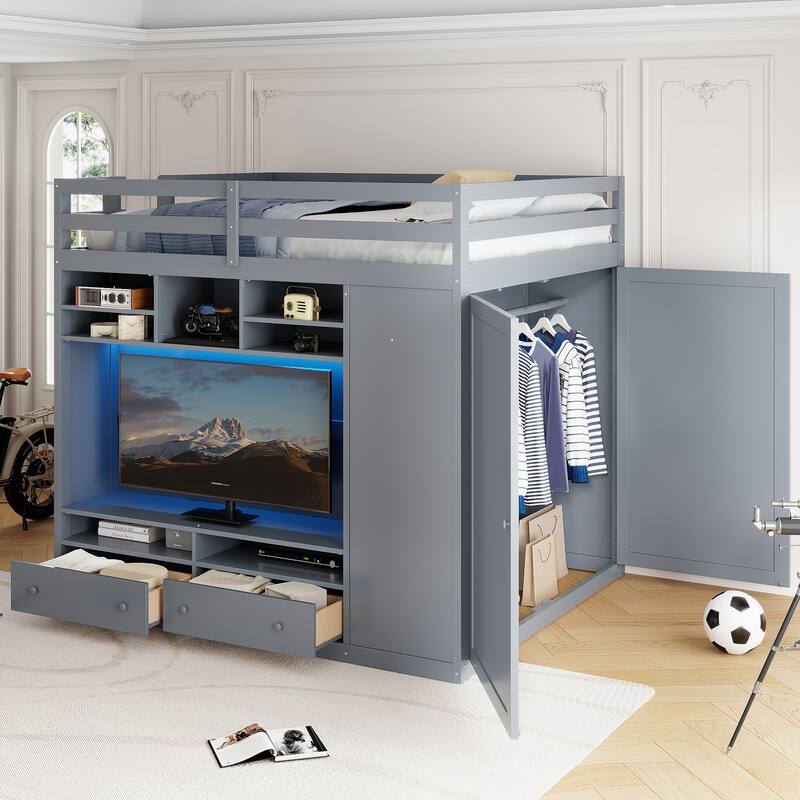 Full Size Loft Bed with TV Stand and Drawers, Teens Kids Storage Bed Frame with Shelves, Wardrobe and LED Light