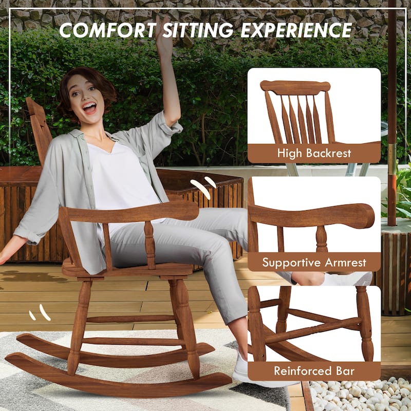 Outdoor Wood Rocking Chair, All Weather Resistant Rocking Chairs, 350lbs Weight Capacity for Patio Porches, Decks, Balconies