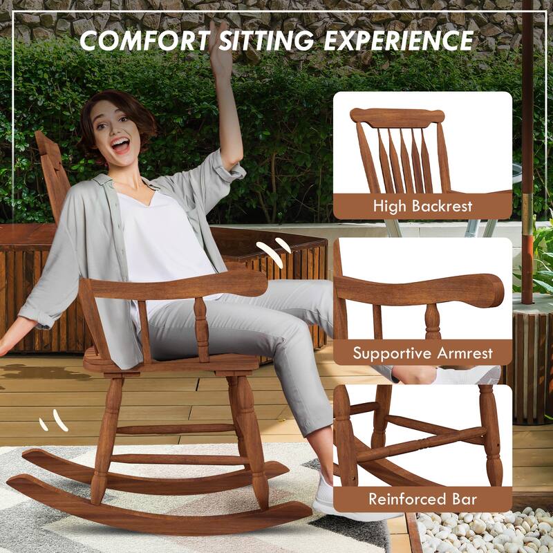Outsunny Outdoor Wood Rocking Chair, 350 lbs. Porch Rocker with High Back for Garden, Patio, Balcony