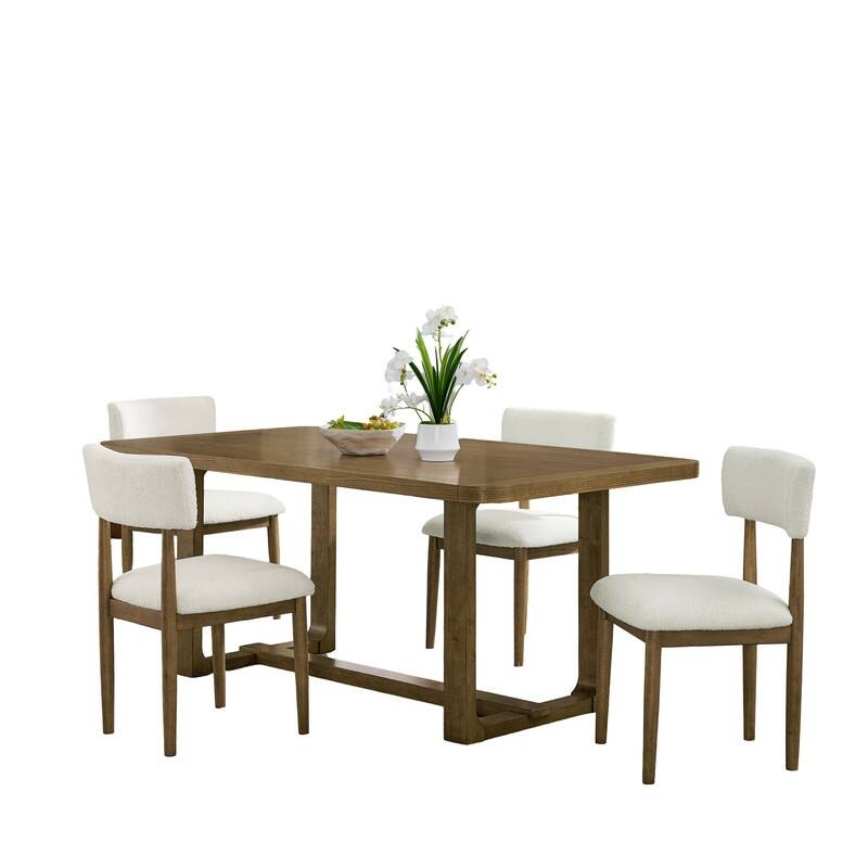 Darla 5Pc 72"W Rectangular Walnut Oak Finish Sled Dining Set with Beige Sherpa Fabric Chairs