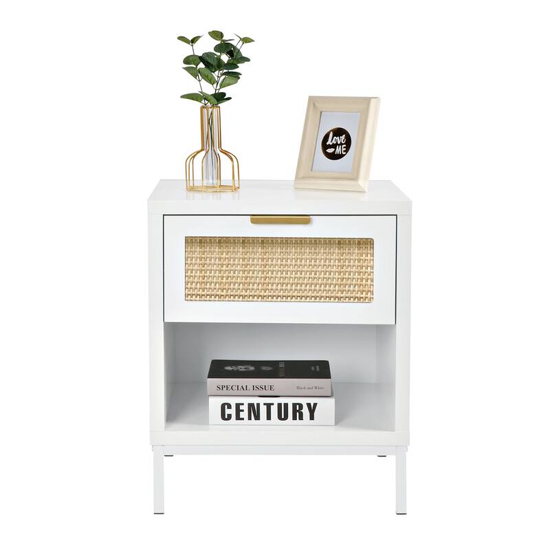 Anmytek Mid-Century Modern 1-Drawer White Nightstand Wood Bedside Table with Storage Shelf for Bedroom