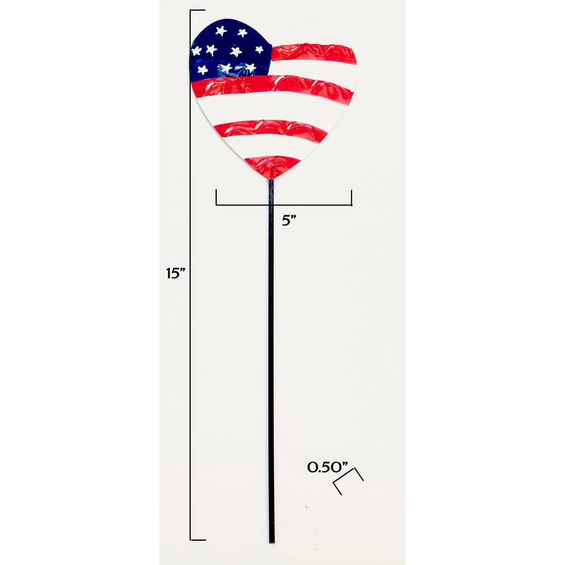 15" Iron Americana Flag Heart Shaped Planter or Garden Floral Stake, Set of 5