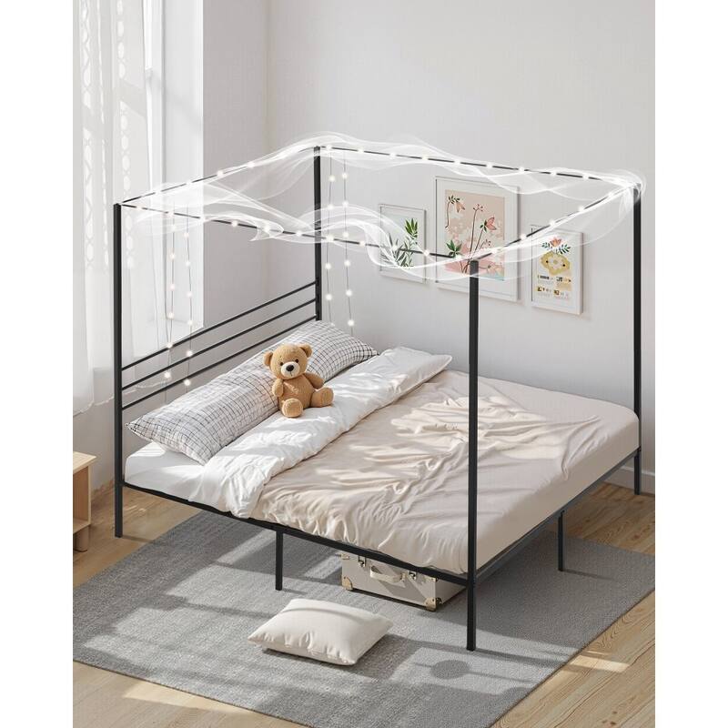 Modern Black Metal Canopy Bed Frame with 12.4 Inch Storage Clearance and Strong Weight Support