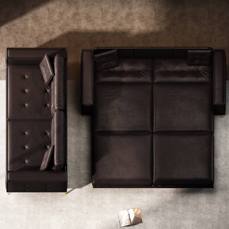 Oversized 3-in-1 Convertible Sofa Bed, 92.1" Faux Leather Square Arms Loveseat, Modern Pull-Out Sleeper Couch with Pillows