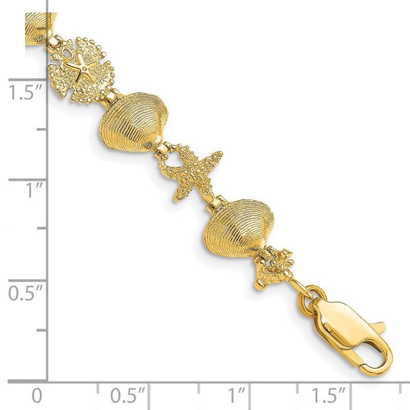Curata 14k Gyellow old Sand Dollar Clam And Sea shell Nautical Starfish Bracelet 7.25 Inch