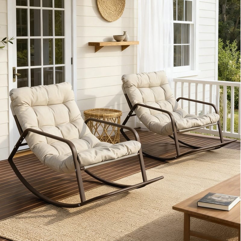 Oversized Outdoor Papasan Rocking Lounge Chair with Thick Cushion, Heavy-Duty Metal Patio Rocker Recliner, 450 lbs Capacity - Beige / 2 PCS